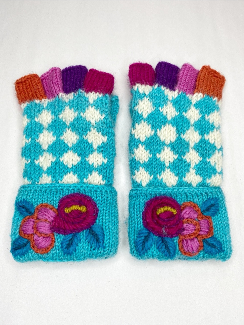 Handmade Knit Fingerless Gloves Floral Embroidery Cottagecore One Size